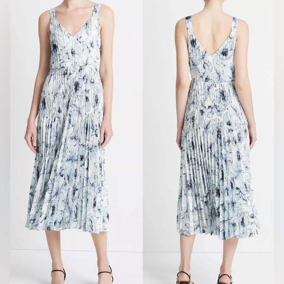 NWOT Vince Pleated Washed Lily Pleated Sleeveless V-Neck Midi Dress sz L - Picture 1 of 7